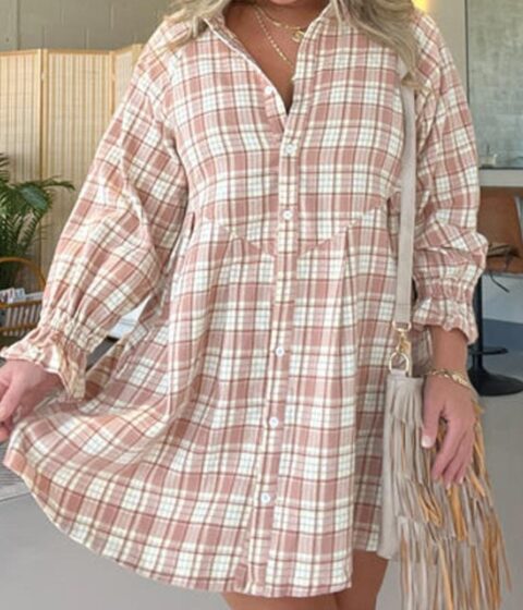 Women's Comfort And Casual Plaid Shirt Dress