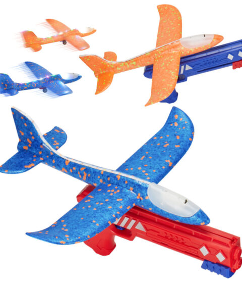 2 Pack Airplane Toys With Launcher, 2 Flight Modes LED Foam Glider Catapult Plane Toy, Outdoor Flying Toy For Kids, Airplane Birthday Party Gifts For 3 4 5 6 7 8 9 Years Old Boys Girls