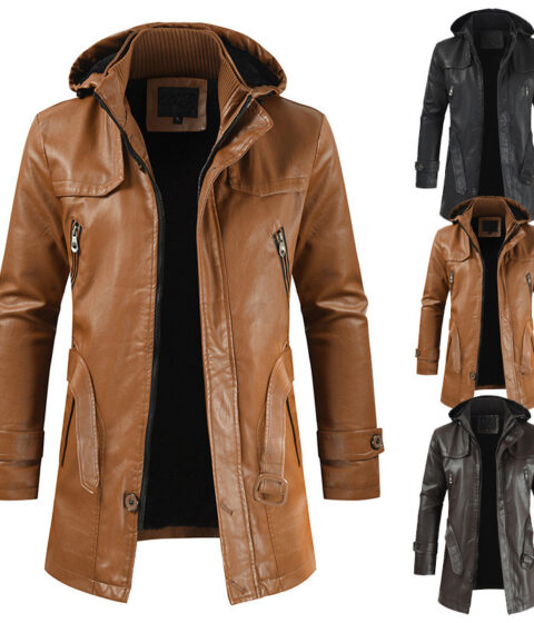 Leather Hooded Slim Coat