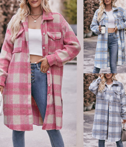 Long-cut Coat Mohair Plaid Coat