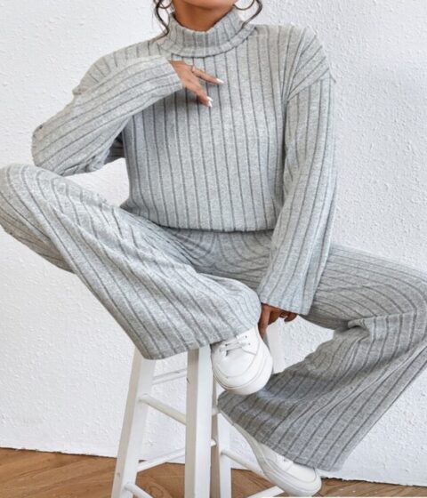 Turtleneck Long Sleeve Sunken Stripe Loose Wide Leg Pants Two-piece Set