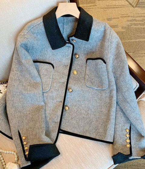 Gray Woolen Thick Coat Women's Elegant Jacket